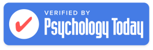 Blue badge with a red checkmark and the words "Verified by Psychology Today" in white text.