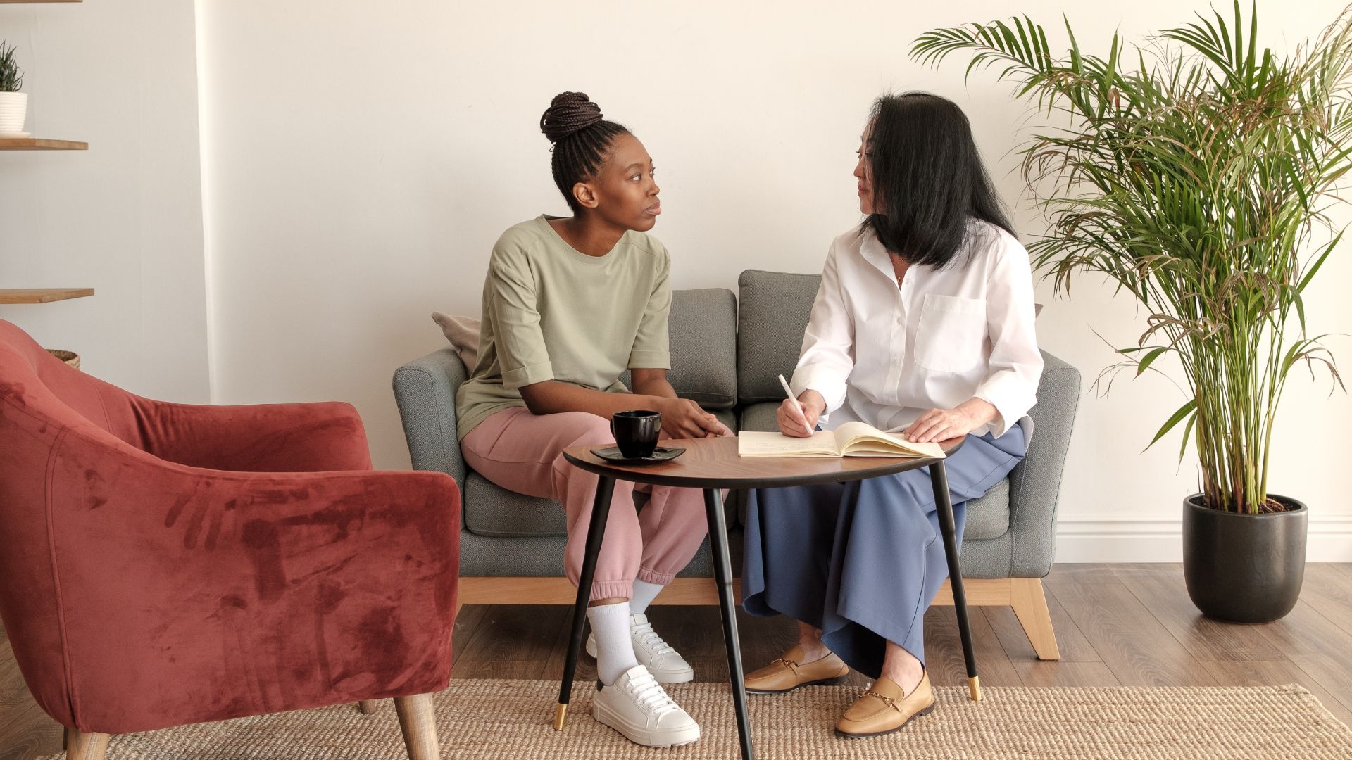 Two women sit on a gray sofa having a conversation. One woman writes in a notebook on the table between them, perhaps discussing topics related to complex PTSD. A potted plant and a red chair are nearby.